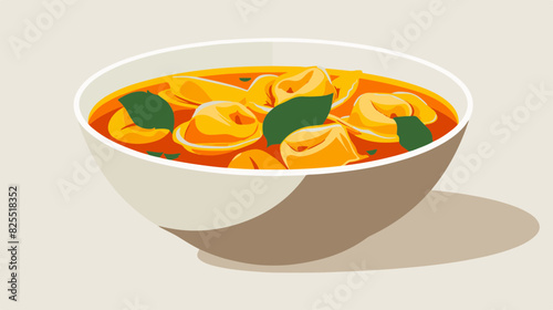 Bowl of Tortellini in Tomato Soup with Basil Leaves