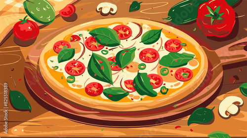 Colorful Vegetable Pizza with Fresh Basil and Tomatoes