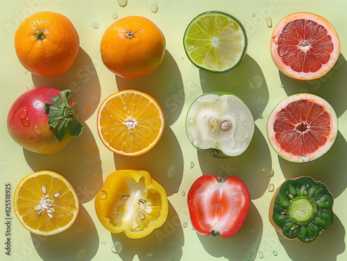 Fruit Vegetable Presentation, Veggie Fruits display wallpaper, Assortment of Fruits and Vegetables Background, Healthy fresh rainbow colored fruits and vegetables in a row