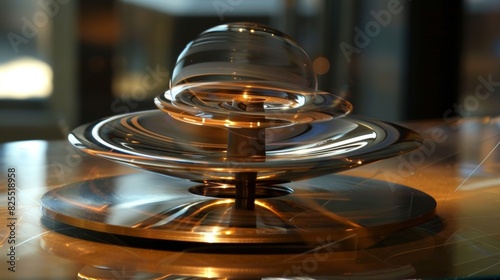 A spinning gyroscope remains upright despite being tilted demonstrating the principle of gyroscopic stability and its relation to angular momentum.