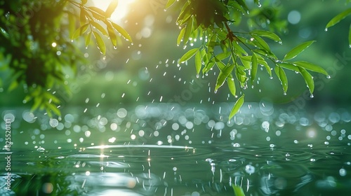   The sun illuminates the tree's leaves as they cast droplets onto the water below © Alice
