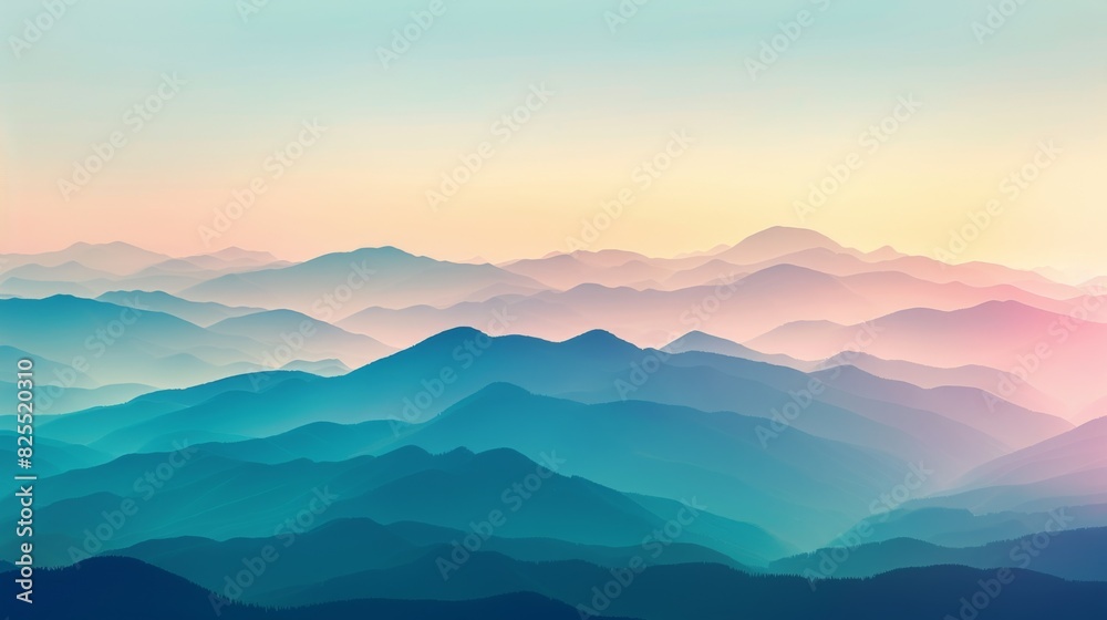 Scenic mountain range landscape with colorful layers and gradient sky at sunrise or sunset Scenic mountain range landscape with colorful layers and gradient sky at sunrise or sunset
