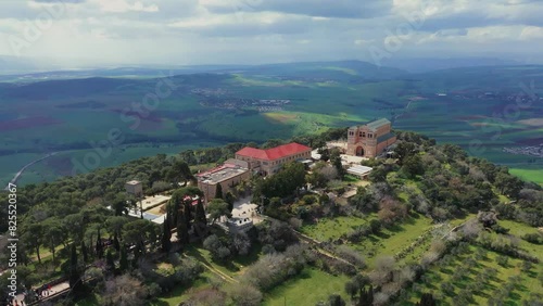 Mount Tabor, Israel. Aerial view of the Church of the Transfiguration and the Eastern Orthodox monastery on Mount Tabor, Israel. photo