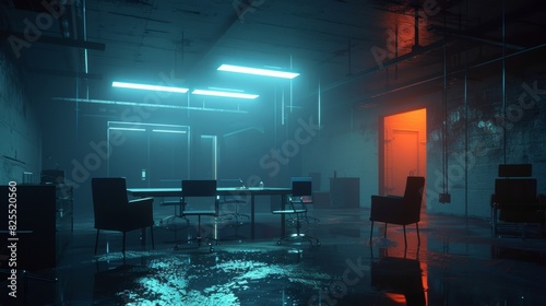 An intense interrogation room where a suspect is being questioned about a dark matter heist.