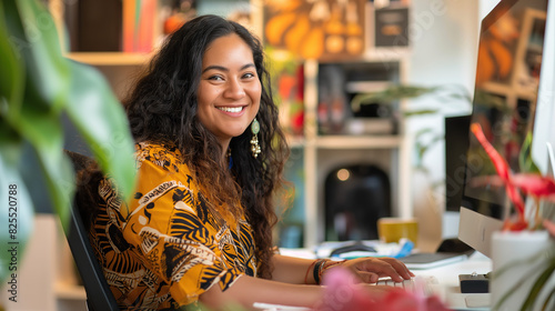  young Māori woman is smiling at the camera while sitting in front of her computer, working on digital design projects. She is wearing an outfit with tribal patterns and has long curly hair.