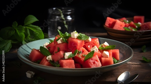 Fresh watermelon and feta cheese salad with mint leaves on a plate.