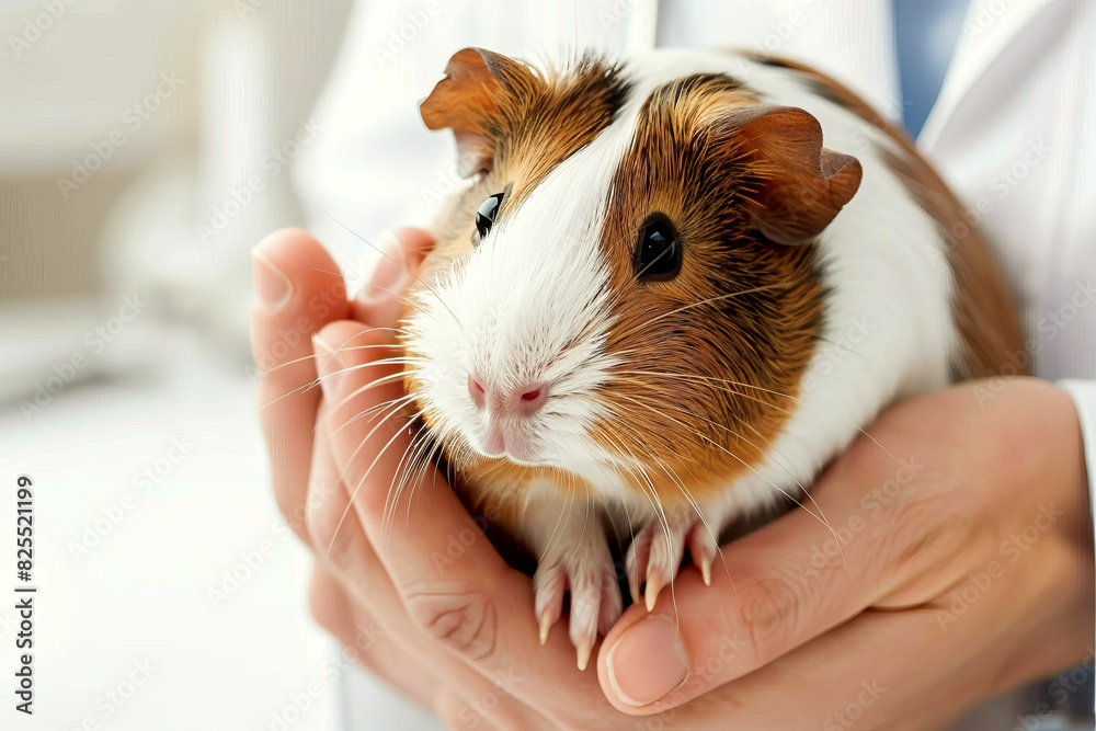 guinea pig look into camera in hands of veterinarian, caring for pet
