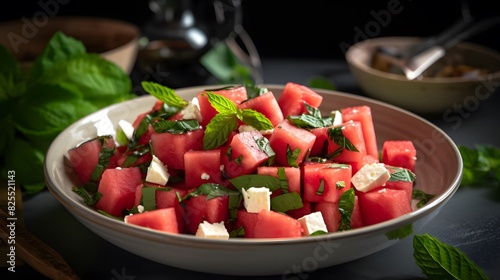 Fresh watermelon and feta cheese salad with mint leaves on a plate.