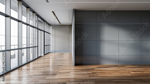 Spacious and bright corridor in a contemporary office building with large windows and wood flooring