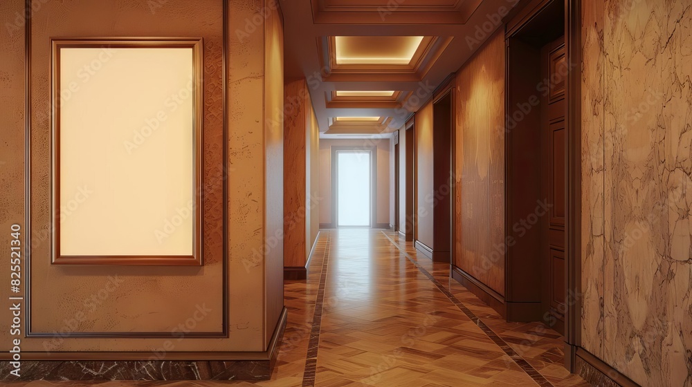 contemporary hotel corridor with abstract textured wall and empty canvas frame 3d rendering