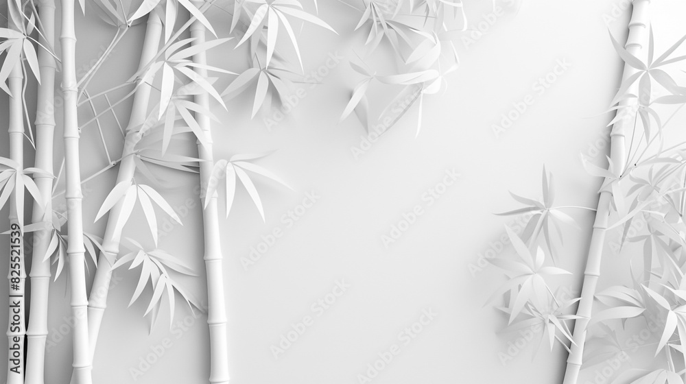 Naklejka premium White bamboo texture background. Natural bamboo light backdrop. Bamboo leaf shadow on white wall Background. Blank copy space.