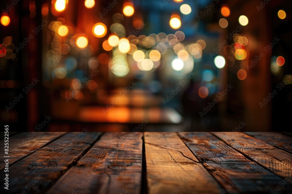 Bar Lights. Wooden Table in Front of Abstract Blurred Restaurant Background