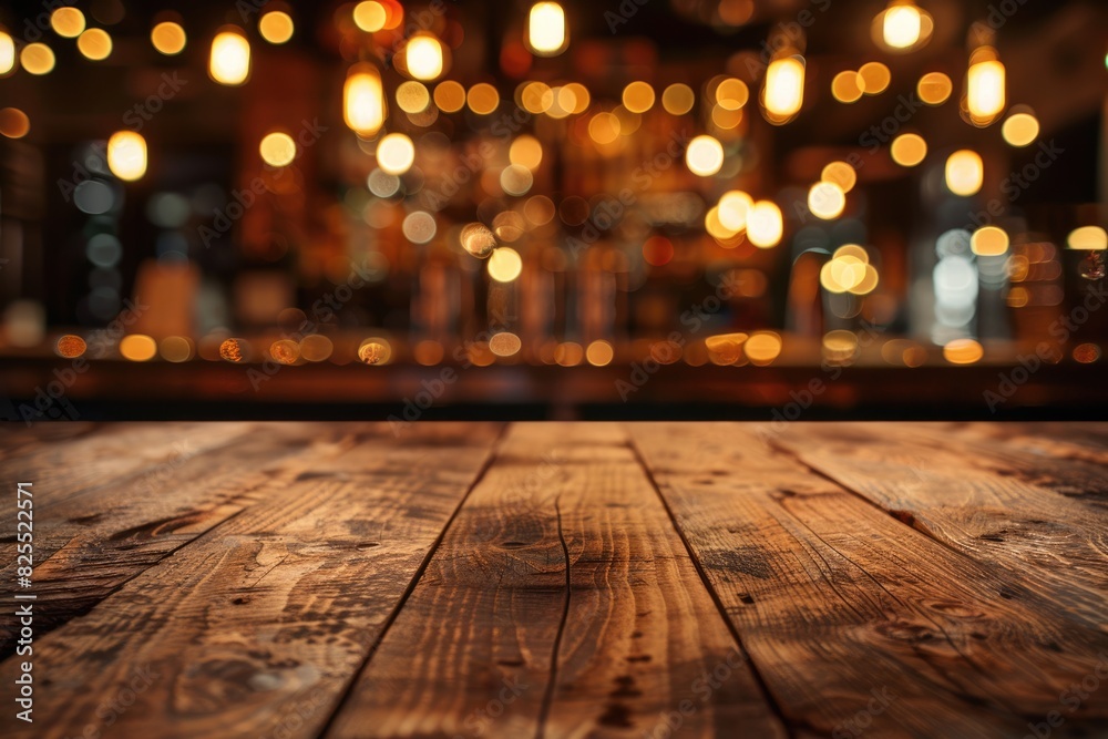 Bar Lights. Wooden Table in Dark Ambient Cafe Setting with Abstract Blurred Background Bar Lights. Wooden Table in Dark Ambient Cafe Setting with Abstract Blurred Background