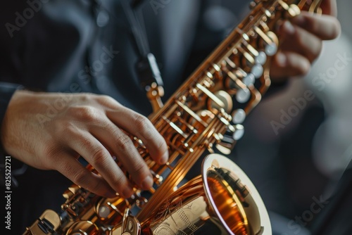 Detailed closeup of a saxophonist's hands while playing a shiny golden saxophone