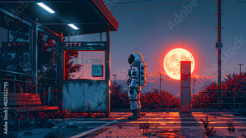 Silhouetted Figure Standing at a Gas Station Under a Red Moonlit Sky