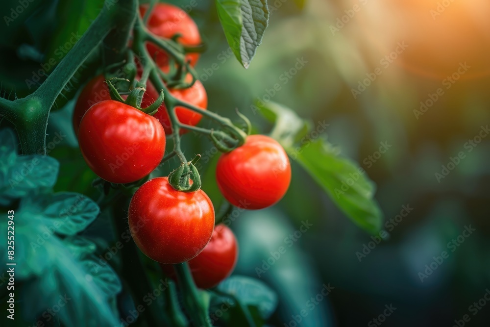 Cherry Tomato Plant. Ripe Red Tomatoes on Organic Vegetable Plant in Greenhouse