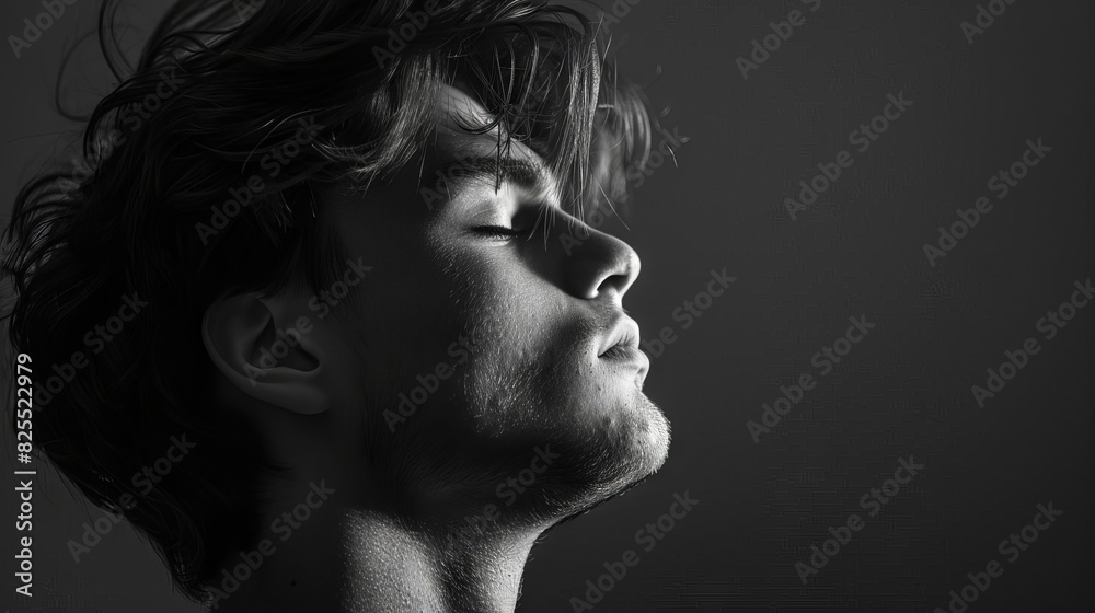 handsome young man with eyes closed in dramatic studio lighting black and white profile shot