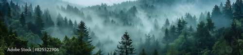panoramic photo of a pine forest in the mountains on a misty morning Generative AI photo