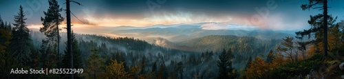 panoramic photo of a pine forest in the mountains on a misty morning, beautiful colors in the light Generative AI