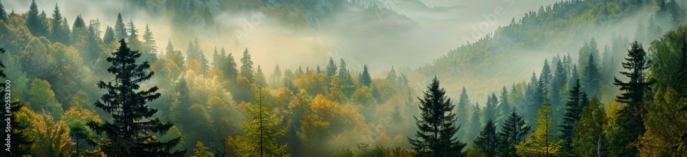 panoramic photo of a pine forest in the mountains on a misty morning, green and yellow colors in the light, autumn season Generative AI