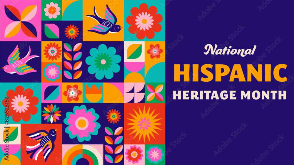 National hispanic heritage month celebration. Background, banner and card with flowers. Geometric colorful concept design floral pattern
