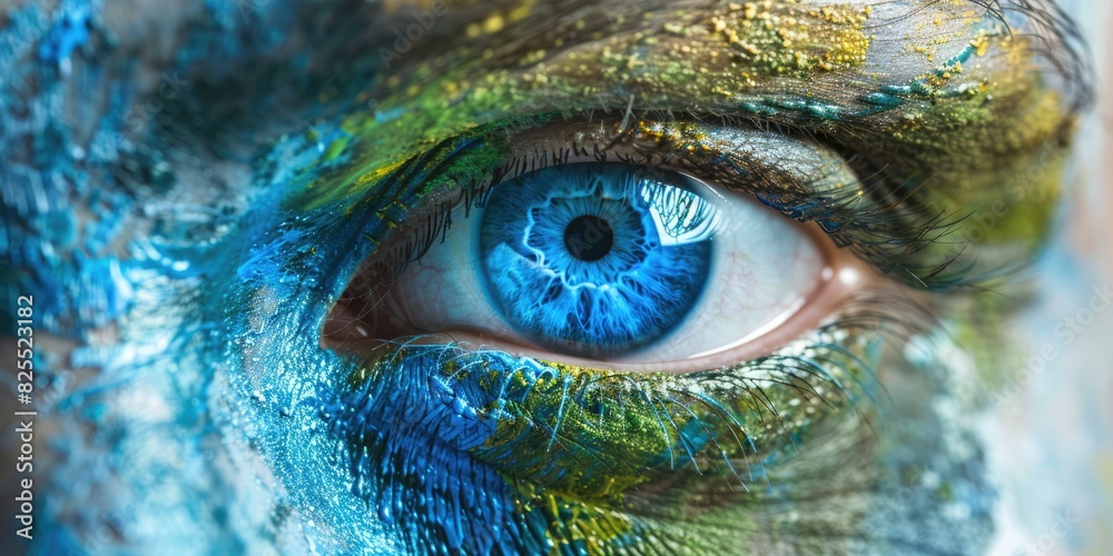 Naklejka premium Earth Art. Surreal Macro Image of Earth and Human Eye in Green Tones