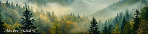 panoramic photo of a pine forest in the mountains on a misty morning, green and yellow colors in the light, autumn season Generative AI photo