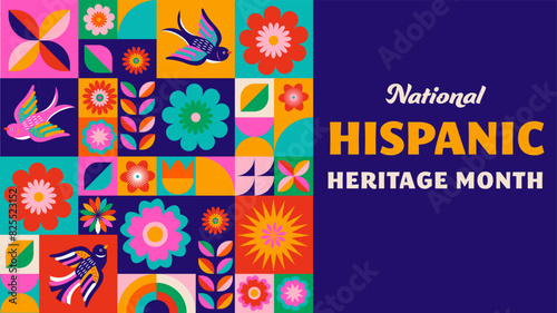 National hispanic heritage month celebration. Background, banner and card with flowers. Geometric colorful concept design floral pattern photo