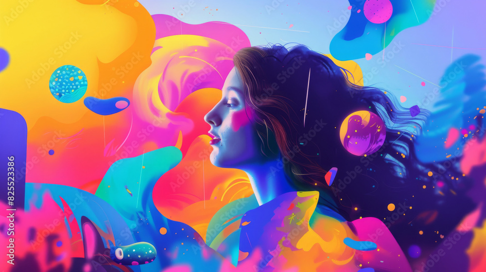 Vibrant digital artwork of a woman within an abstract, colorful dreamscape