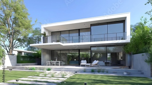 lush green modern twostory house with large windows and balcony 3d illustration © furyon