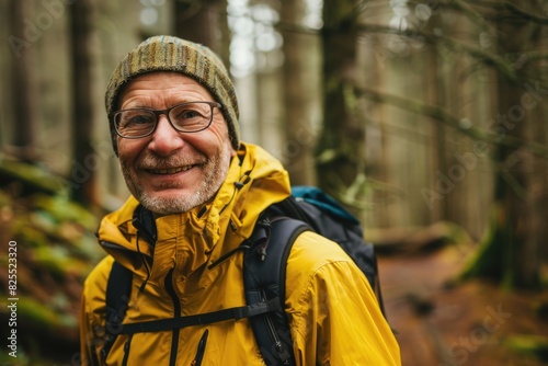 Forest Simple. Mature Hiker in the Forest Smiling Happily