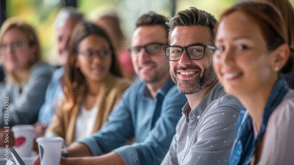 Business professionals smiling during a conference meeting