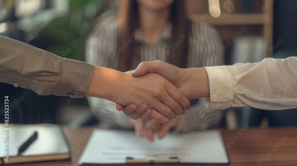 Close-up of a professional handshake with contract documents on the table Close-up of a professional handshake with contract documents on the table