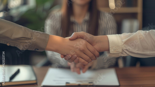 Close-up of a professional handshake with contract documents on the table