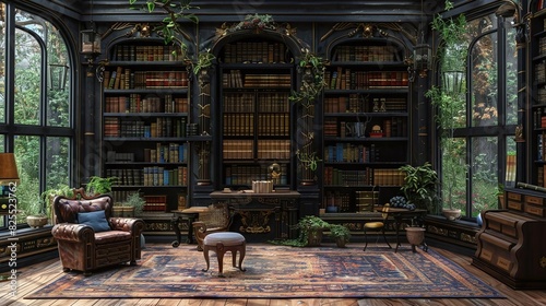 Imagine library with bookshelves and a study table photo