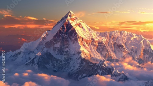 Majestic Mountain. Golden Light on Snowy Peak at Himalayan Sunset photo