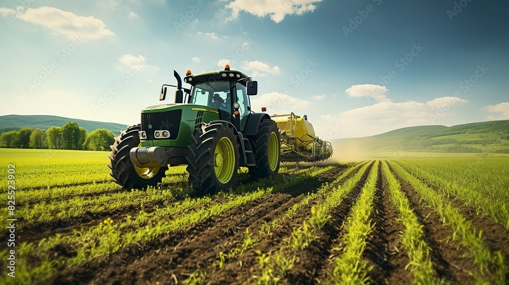 A photo of a tractor cultivating a field of young crops A photo of a tractor cultivating a field of young crops