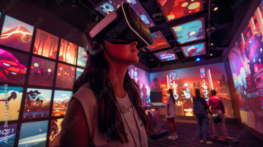 Female gamer is immersed in vr tech amidst colorful screens in a modern entertainment center Female gamer is immersed in vr tech amidst colorful screens in a modern entertainment center