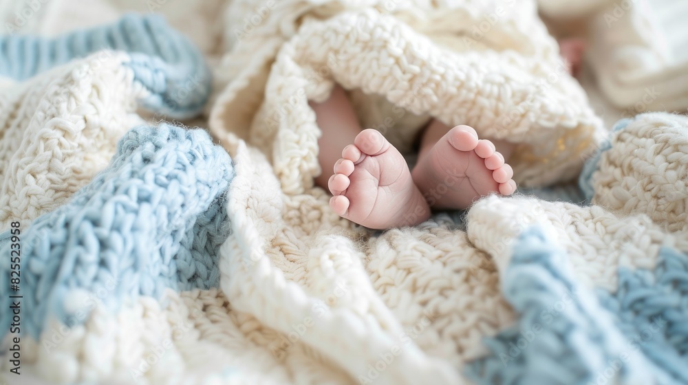 Close up of tiny baby feet on a white and light blue blanket Close up of tiny baby feet on a white and light blue blanket