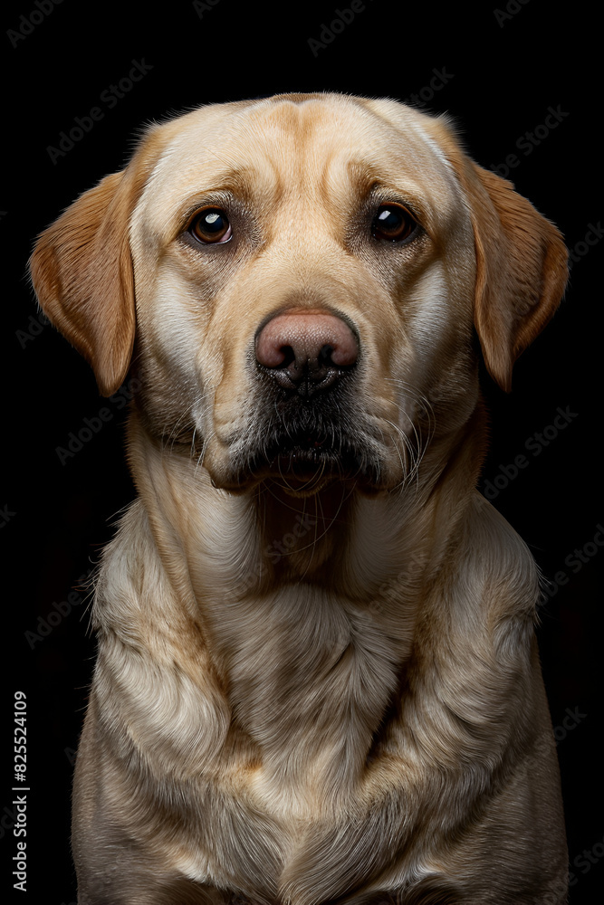 Studio portrait photo of a fawn Labrador Retriever on a black background. Close-up, frontal view Studio portrait photo of a fawn Labrador Retriever on a black background. Close-up, frontal view
