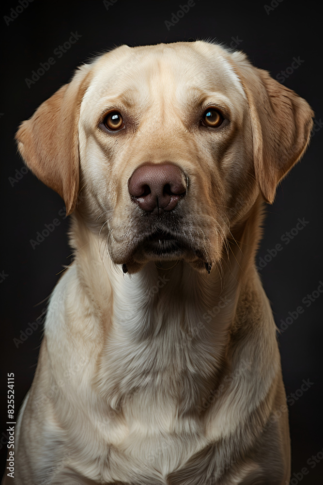 Studio portrait photo of a fawn Labrador Retriever on a black background. Close-up, frontal view Studio portrait photo of a fawn Labrador Retriever on a black background. Close-up, frontal view