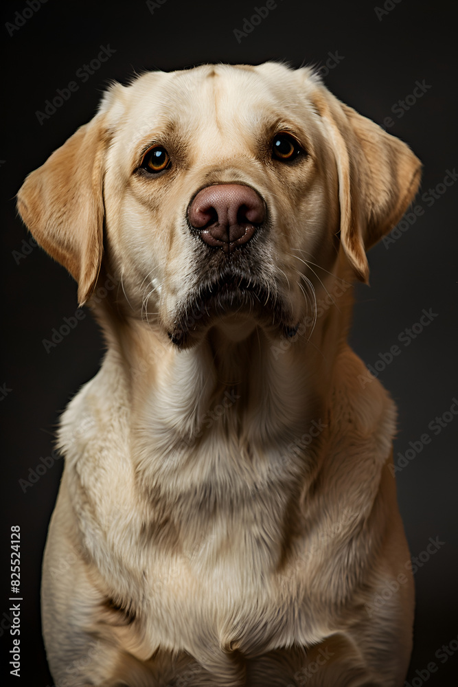 Studio portrait photo of a fawn Labrador Retriever on a black background. Close-up, frontal view Studio portrait photo of a fawn Labrador Retriever on a black background. Close-up, frontal view