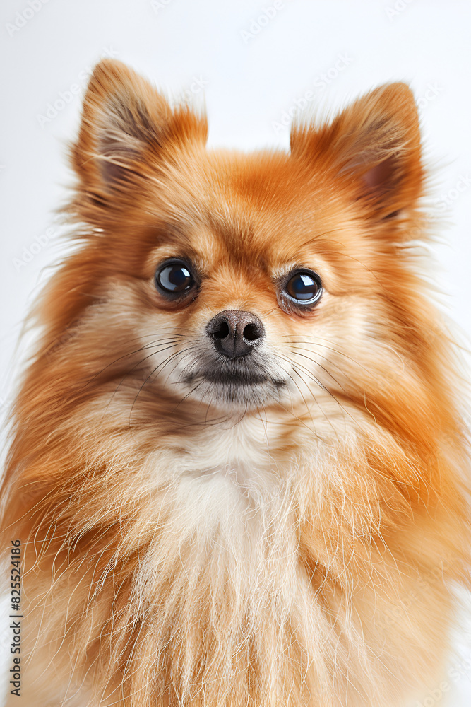 Studio portrait photo of a Pomeranian Spitz on a white background. Close-up, frontal view Studio portrait photo of a Pomeranian Spitz on a white background. Close-up, frontal view