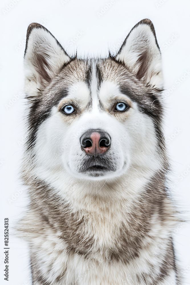 Studio portrait photo of a Siberian Husky on a white background. Close-up, front view. Studio portrait photo of a Siberian Husky on a white background. Close-up, front view.