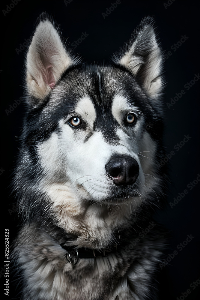 Studio portrait photo of a Siberian Husky on a black background. Close-up, front view. Studio portrait photo of a Siberian Husky on a black background. Close-up, front view.
