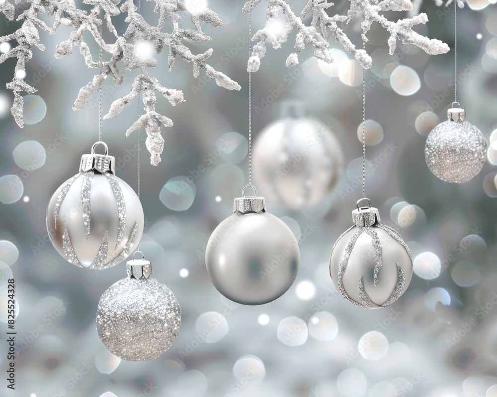 Silver Christmas Ornaments. Winter Holiday Decorations with Hanging Balls and White Blank Background