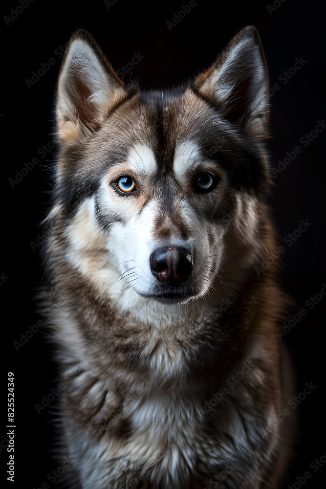 Studio portrait photo of a Siberian Husky on a black background. Close-up, front view.
