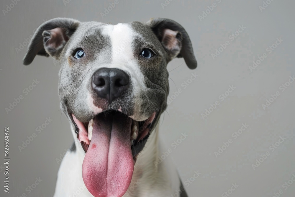 Smiling Dog. Excited Pitbull Terrier with Tongue Out, Blue and White Mixed Breed Smiling Dog. Excited Pitbull Terrier with Tongue Out, Blue and White Mixed Breed