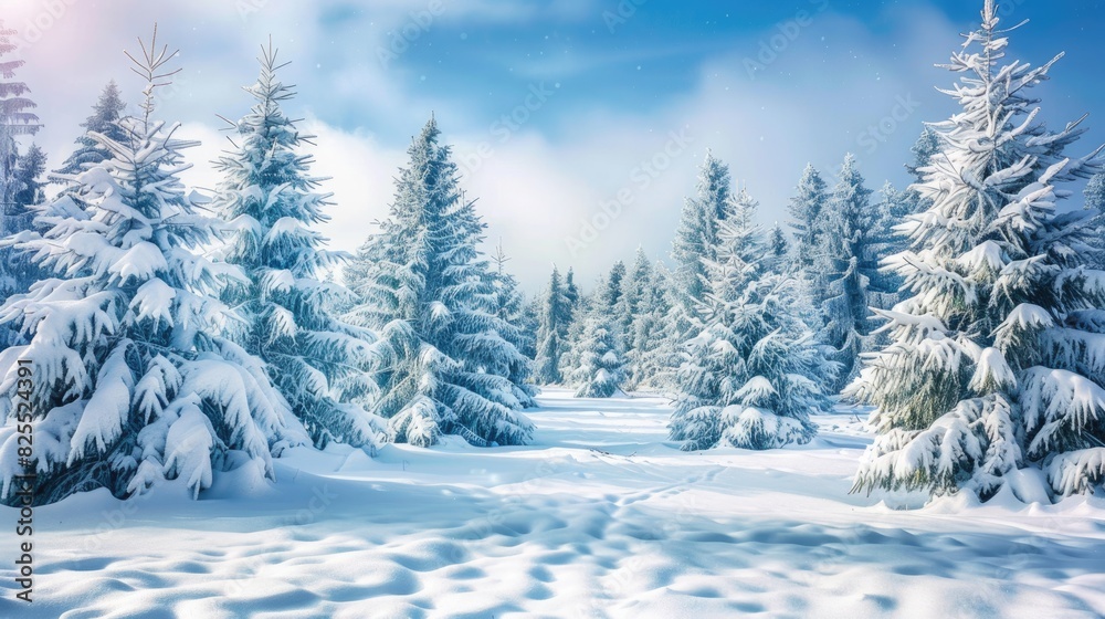 Snow Landscape Pine Trees. Winter wonderland with snow-covered firs under the night sky Snow Landscape Pine Trees. Winter wonderland with snow-covered firs under the night sky
