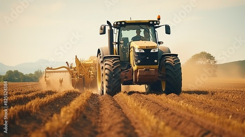 A photo of a tractor plowing a fertile farmland.
